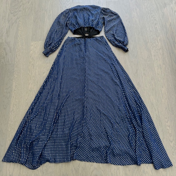 DELFI Collective Cerise Gown Blue Polka Dot Silk Metallic Gold Cut Out - Small - Picture 3 of 12